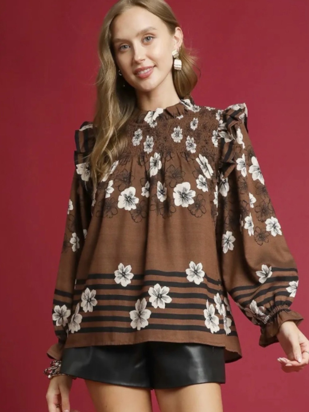 NEW Umgee DARK GREEN Smocked Floral Long-Sleeve Peasant Top